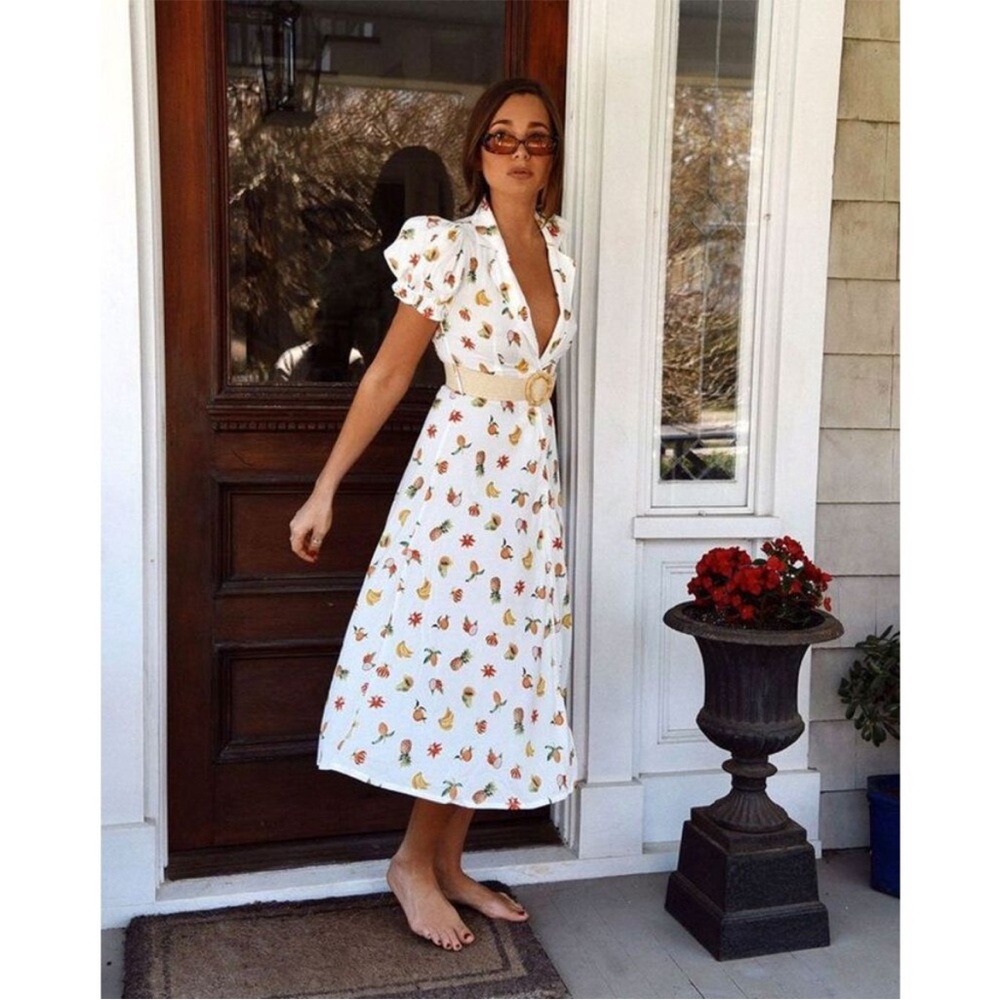 We Wore What V-Neck Button Front Fruit Floral Print Dress White Small no belt